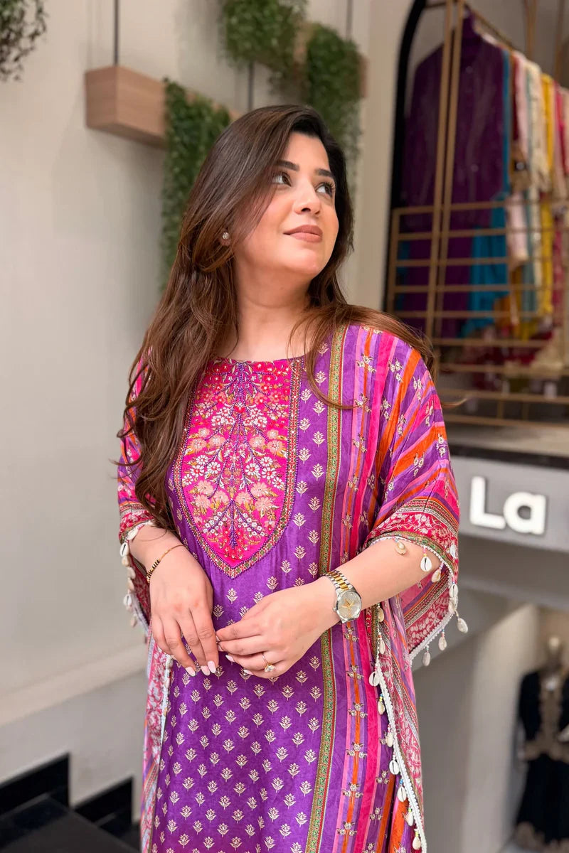 Purple Pure Banana Silk Kaftan Straight Set