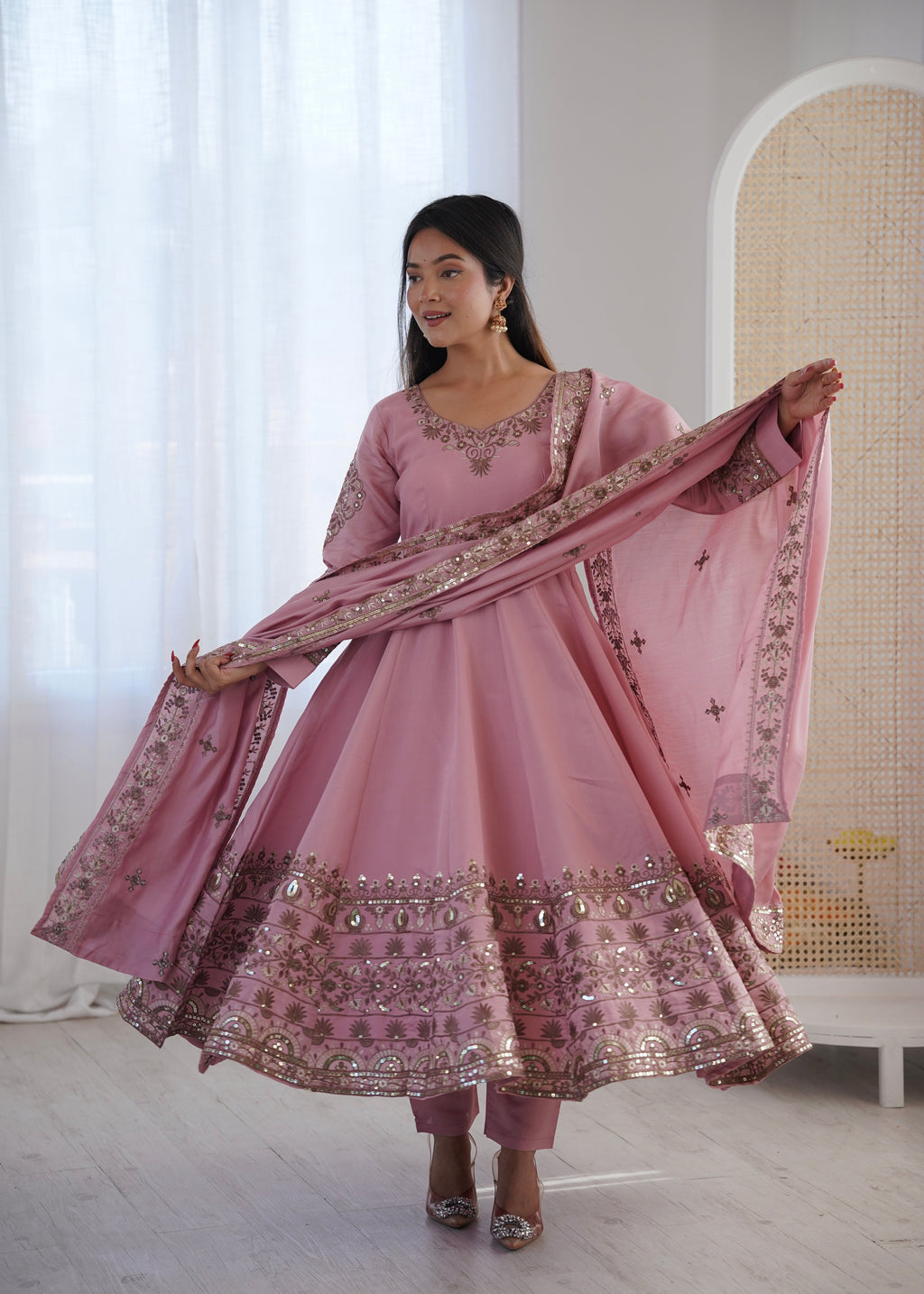 Petal Whisper Roman Silk Suit Set