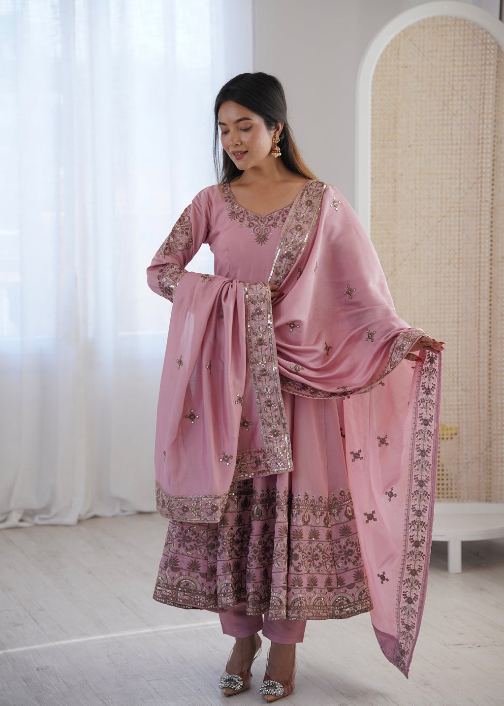 Petal Whisper Roman Silk Suit Set