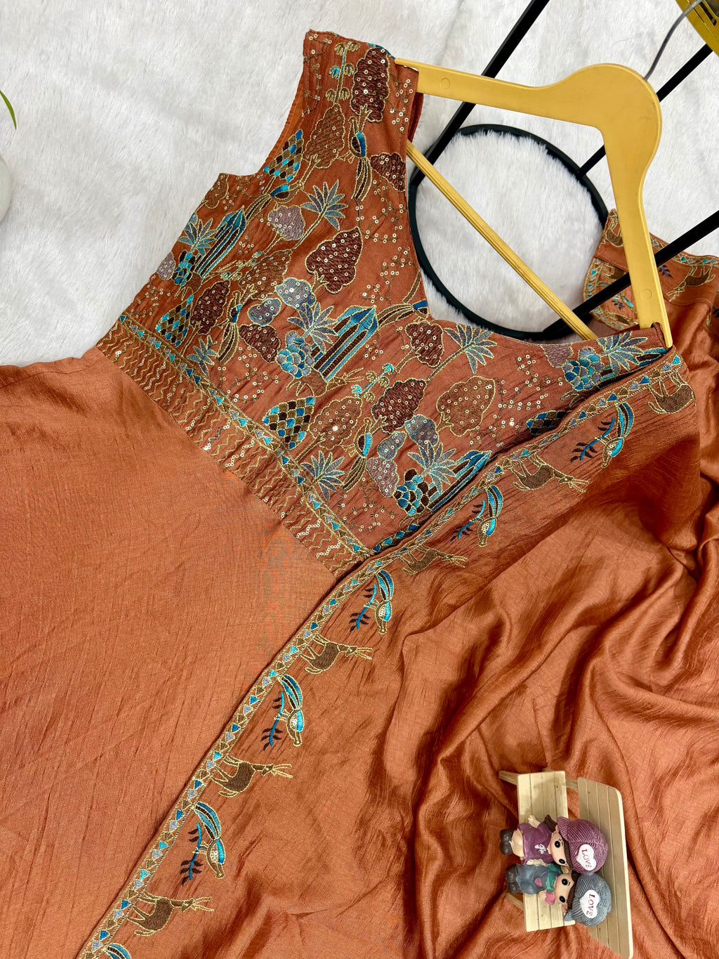 Rust Orange Vichitra Silk Embroidered Anarkali Gown Set
