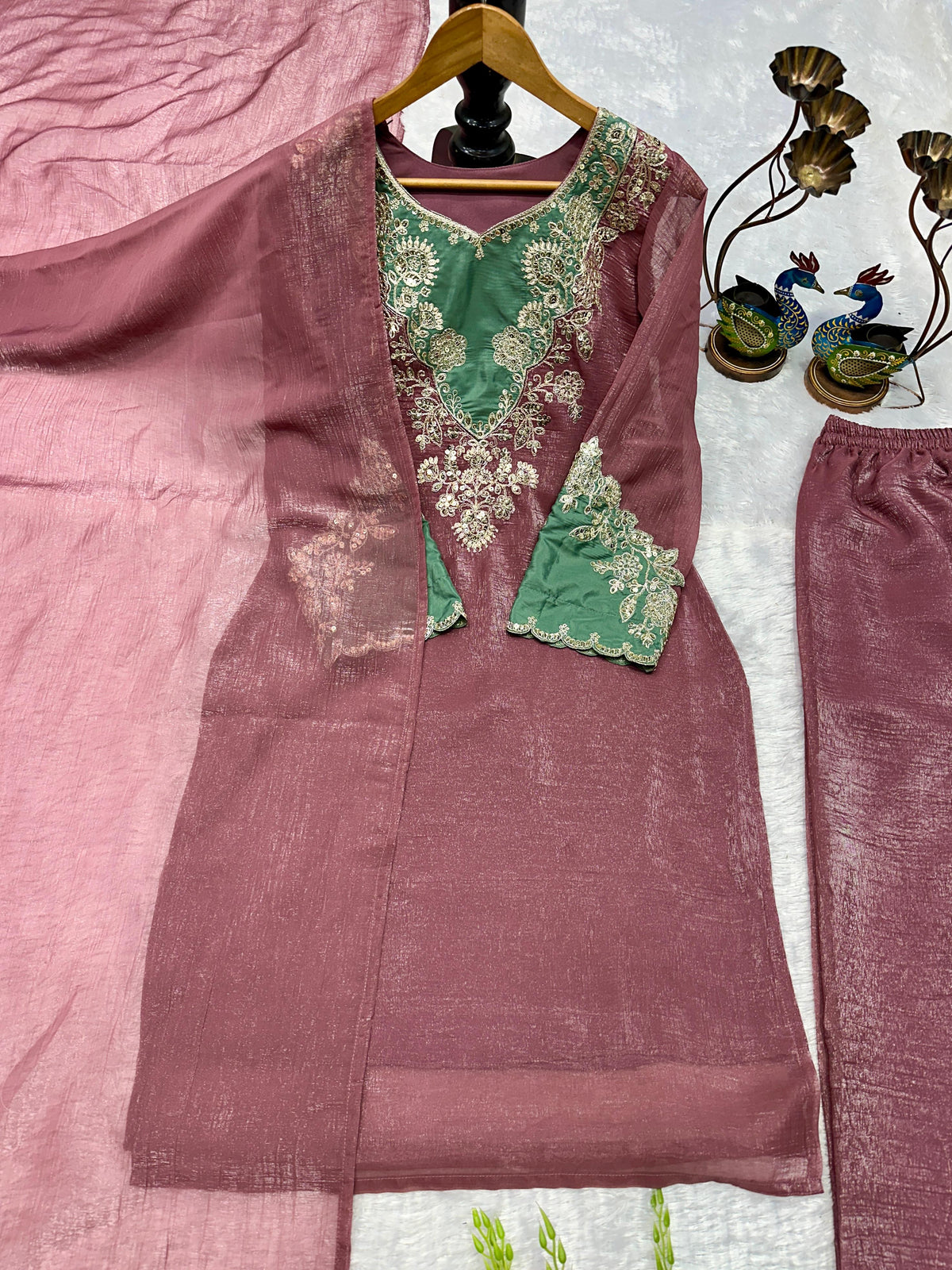 Elegant Dusty Rose Embroidered Kurta Palazzo Set