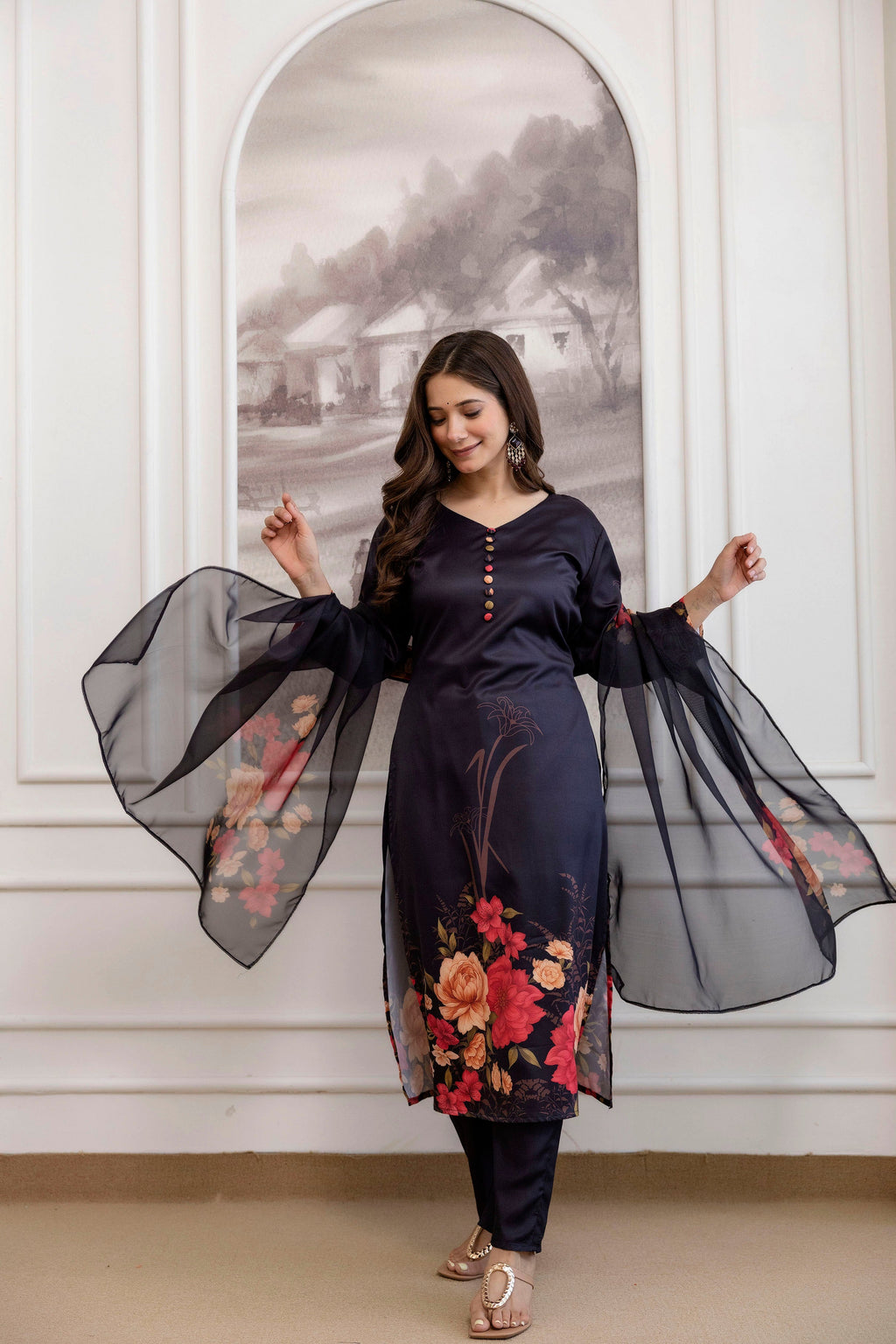 Black Floral Printed Straight Kurta Set