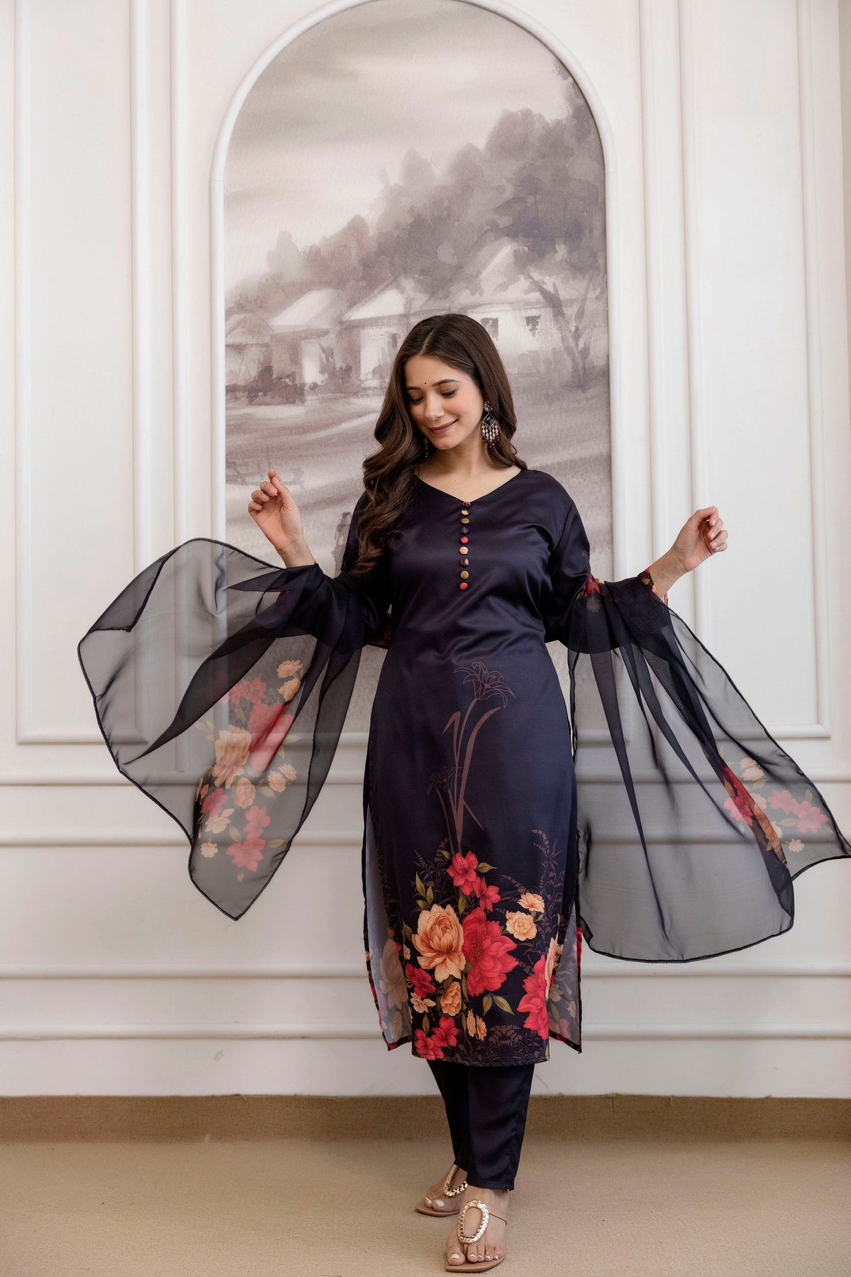 Black Floral Printed Straight Kurta Set