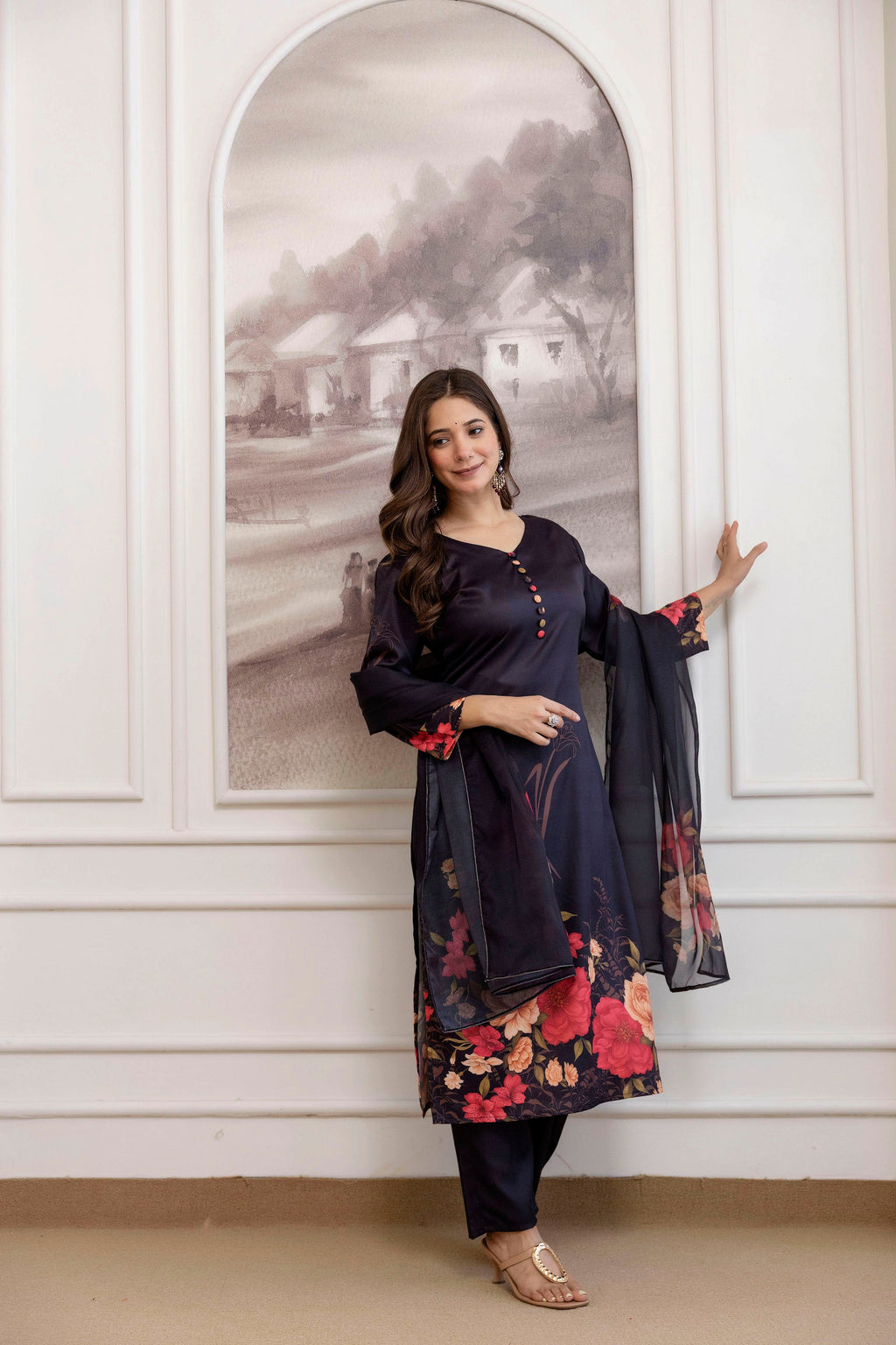 Black Floral Printed Straight Kurta Set