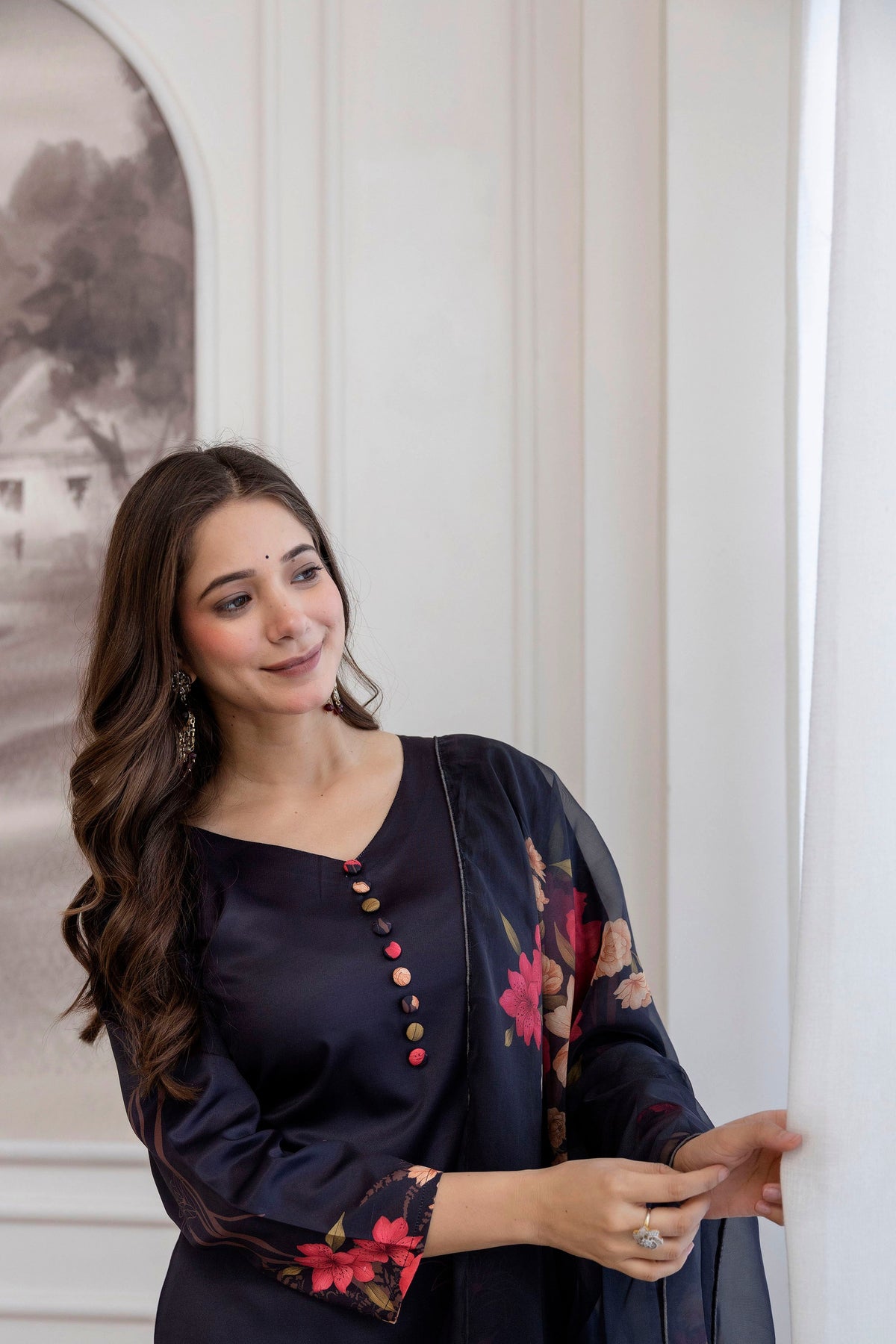 Black Floral Printed Straight Kurta Set