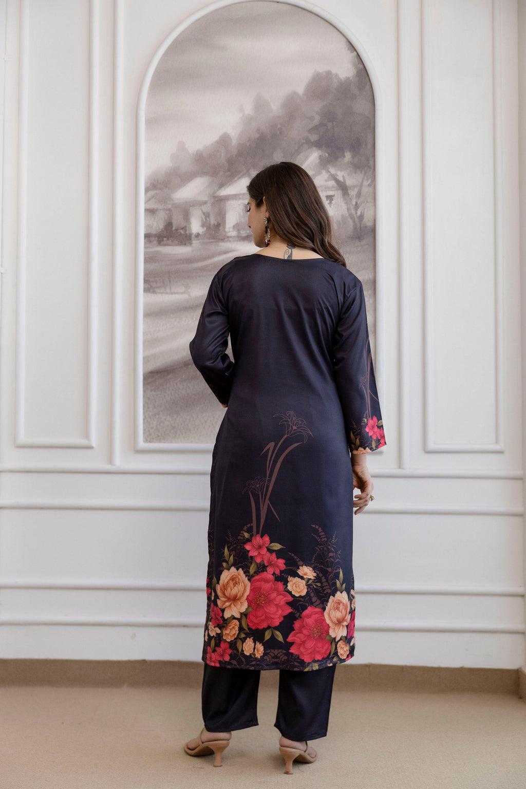 Black Floral Printed Straight Kurta Set