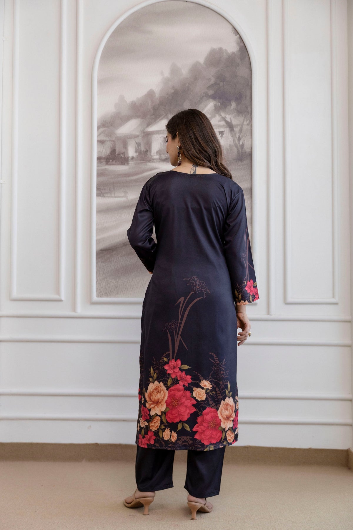 Black Floral Printed Straight Kurta Set