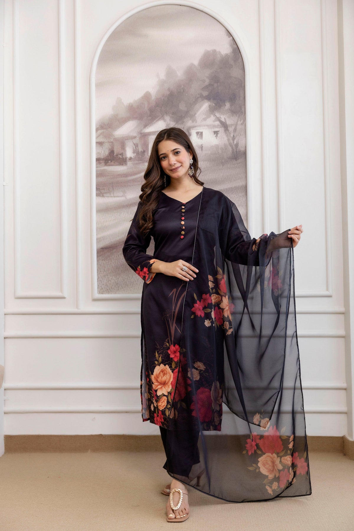 Black Floral Printed Straight Kurta Set