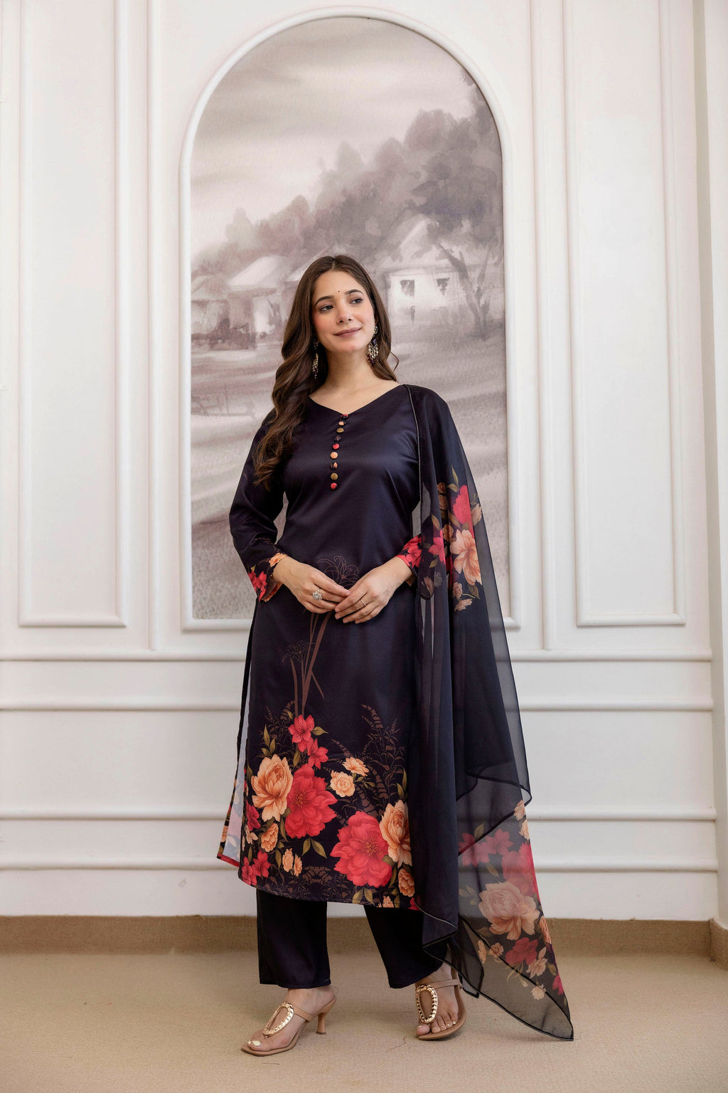 Black Floral Printed Straight Kurta Set