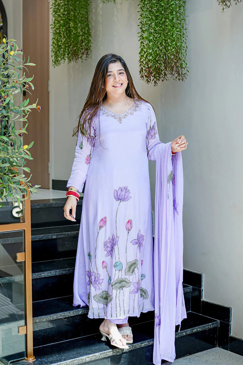 Lavender Chinon Flared Kurta Set for Women