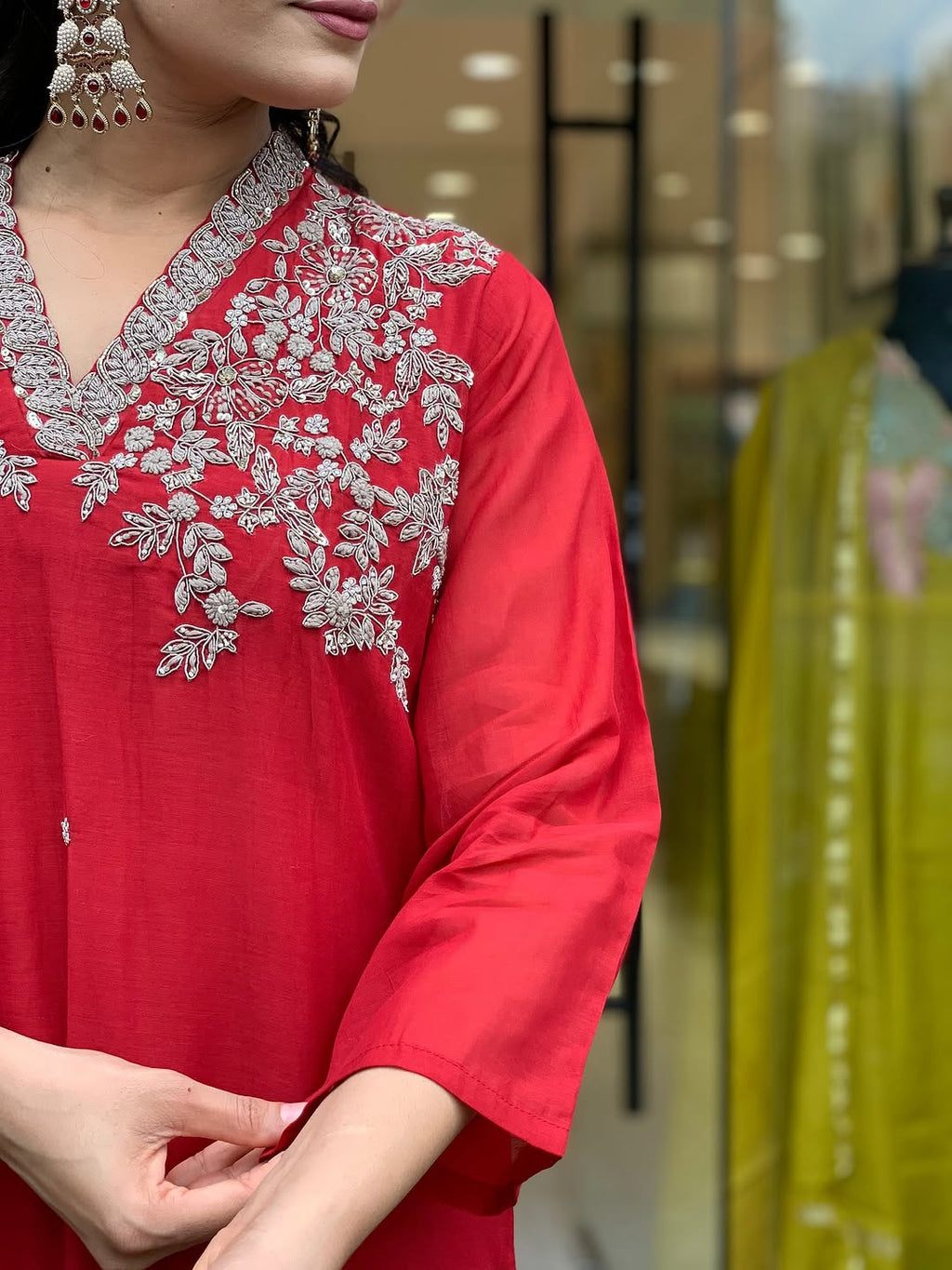 Red Embroidered Viscose Chanderi Kurta Set