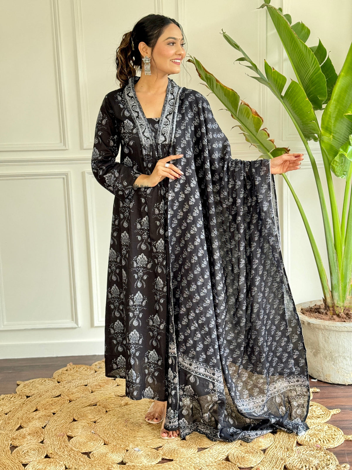 Black Pure Cotton Block Print Suit Set with Chanderi Dupatta