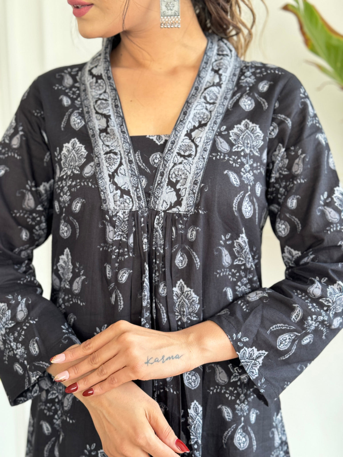 Black Pure Cotton Block Print Suit Set with Chanderi Dupatta