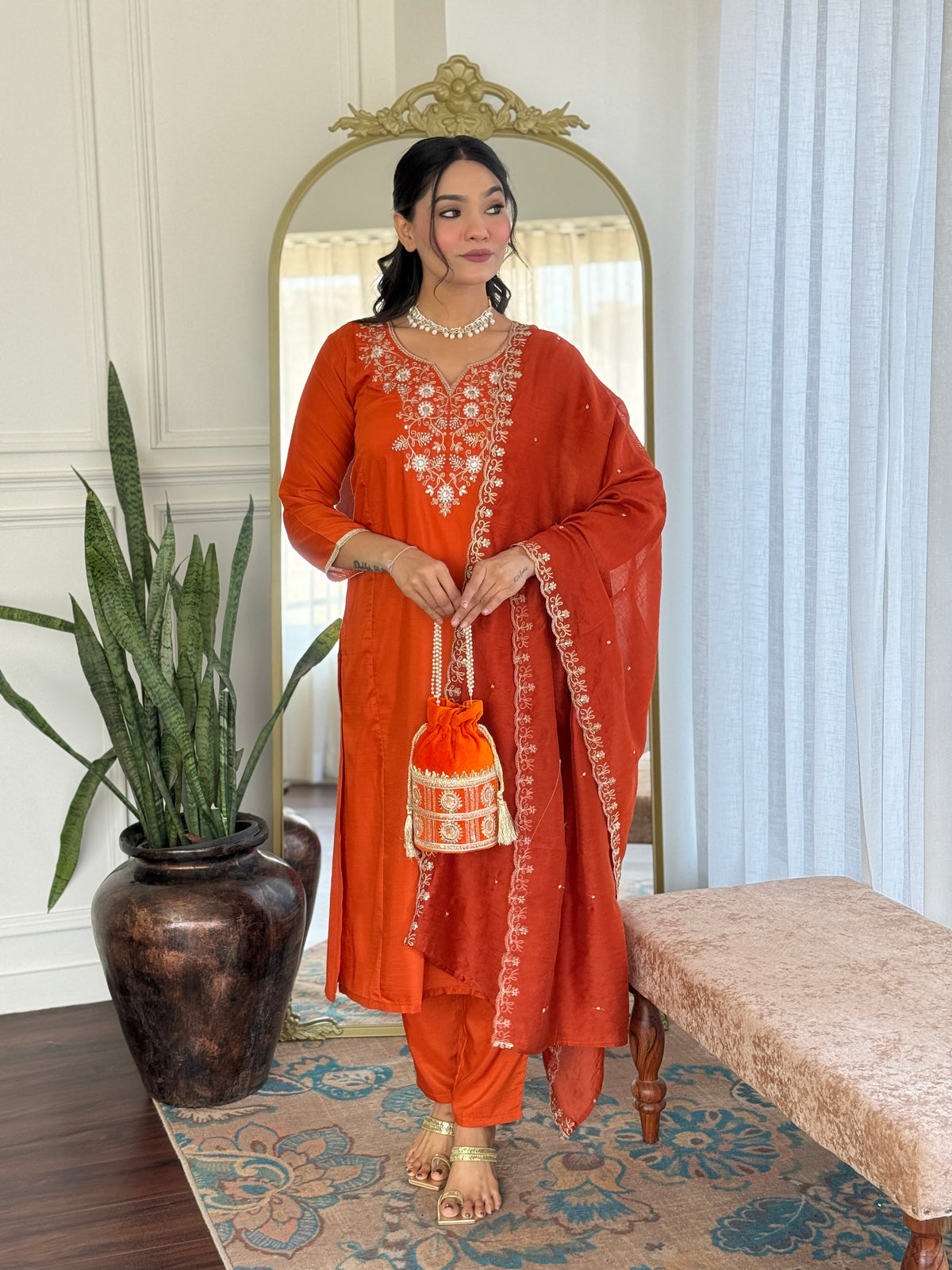 Elegant Rust Orange Embroidered Kurta Pant Set