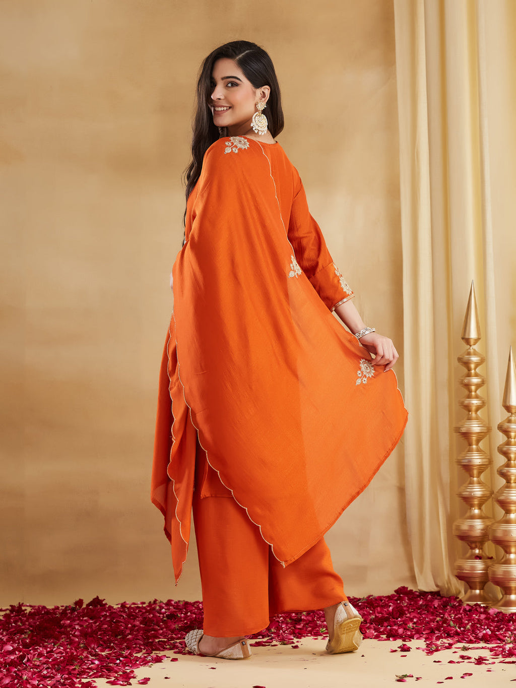 Elegant Orange Embroidered Kurta Palazzo Set