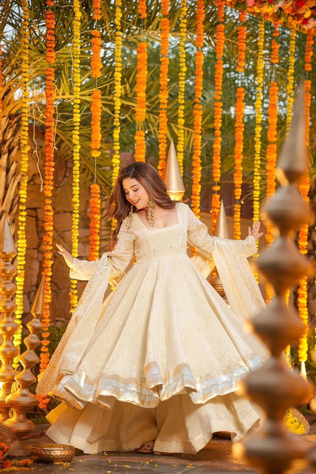 Cream Chinnon Foil Print Anarkali  Kurti Set