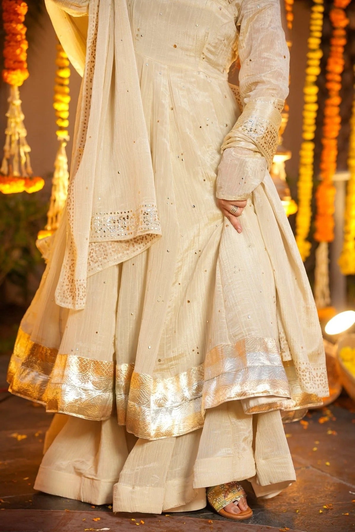 Cream Chinnon Foil Print Anarkali  Kurti Set