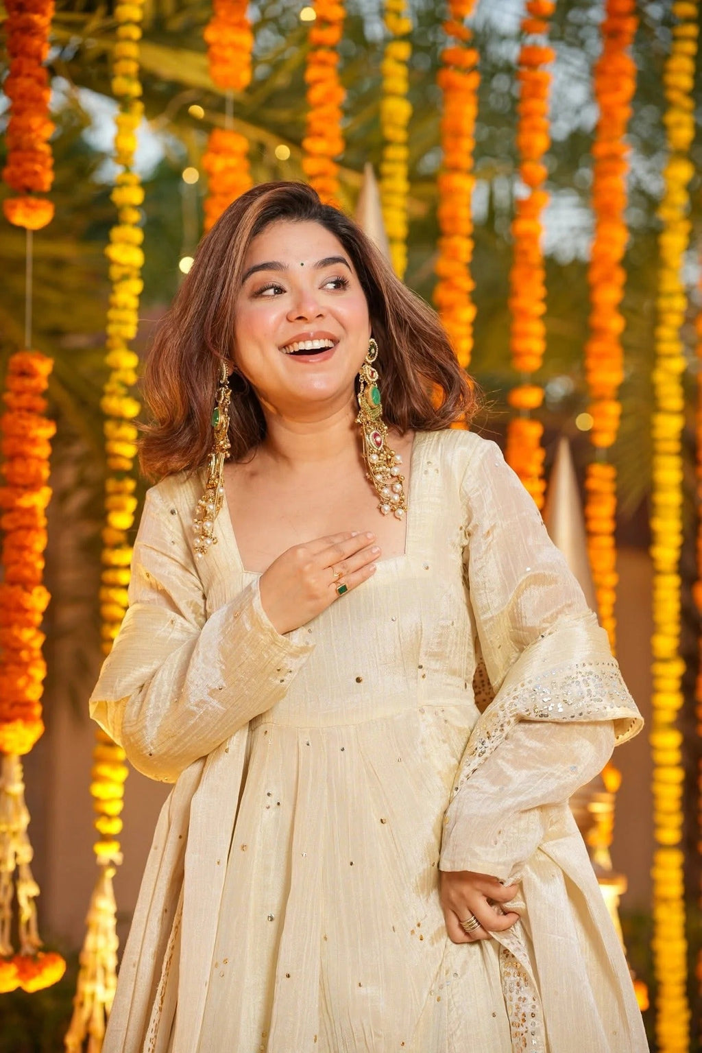 Cream Chinnon Foil Print Anarkali  Kurti Set