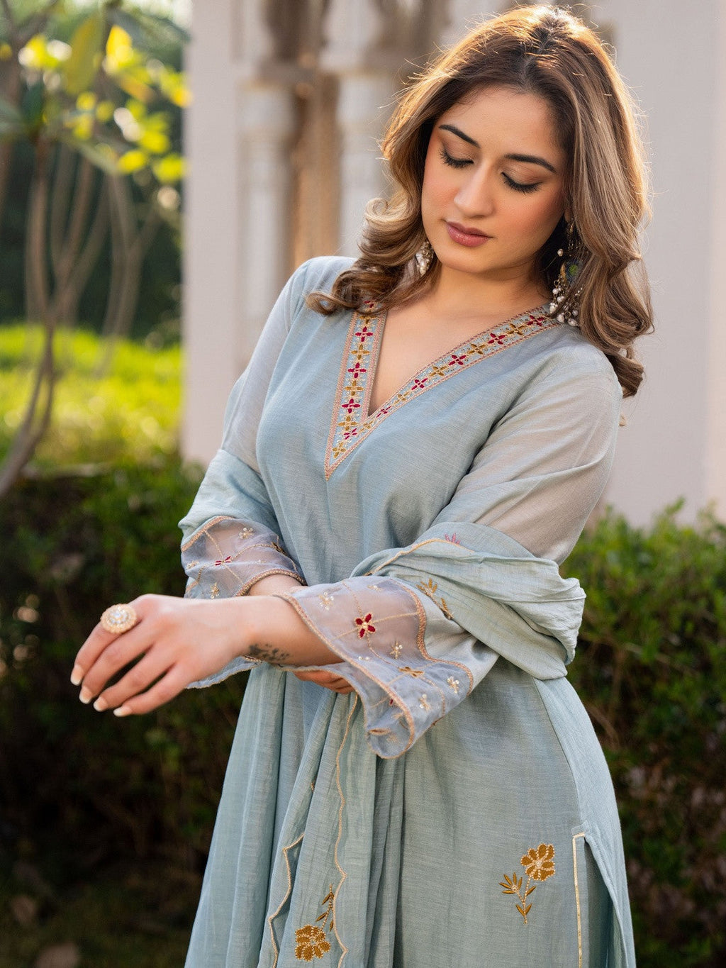 Pastel Blue Embroidered Georgette Kurta Pant Set