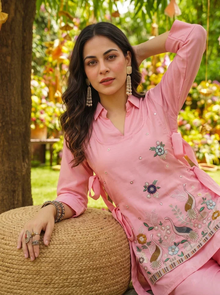 Peach Embroidered Viscose Kurta Palazzo Set