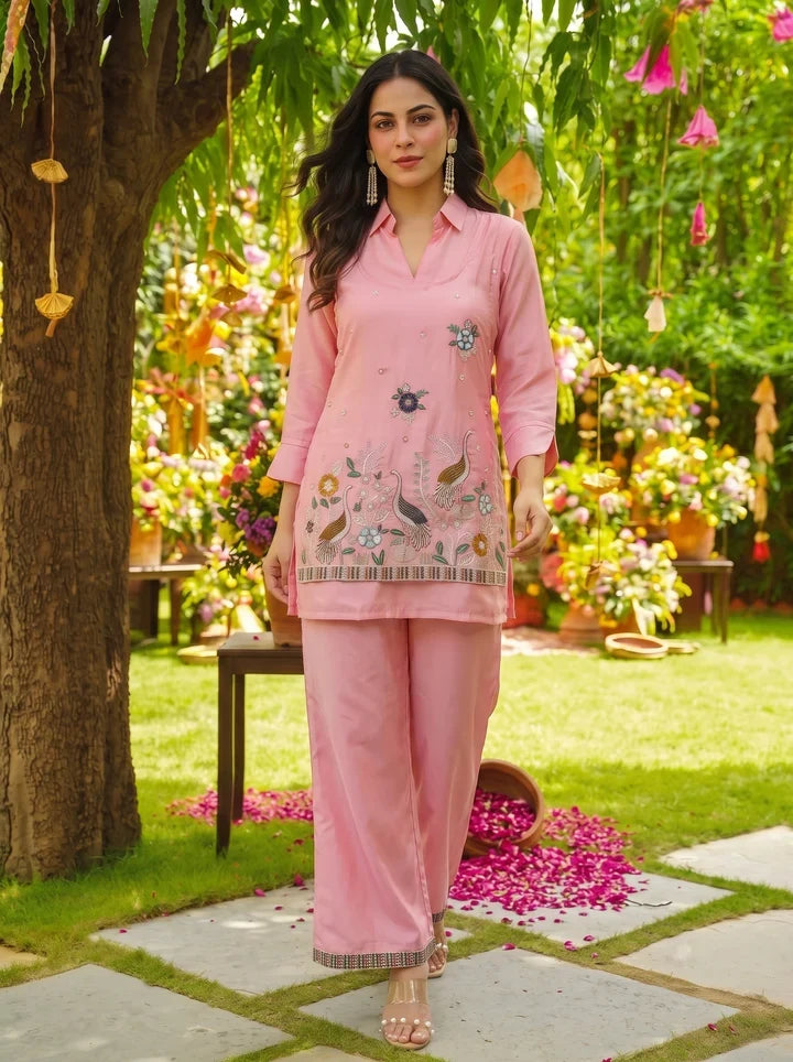 Peach Embroidered Viscose Kurta Palazzo Set