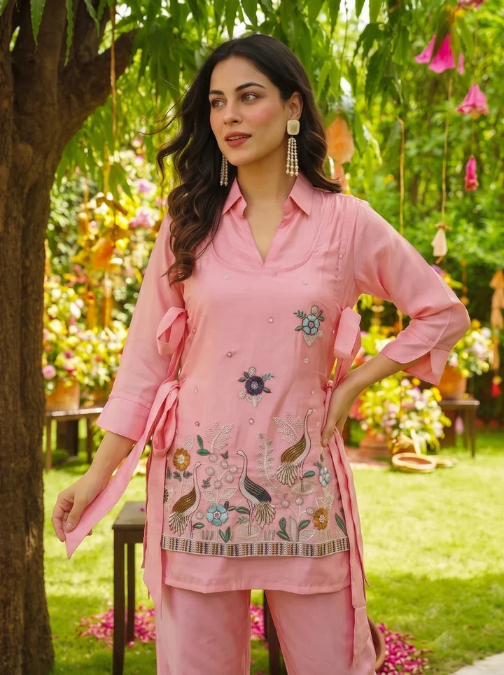 Peach Embroidered Viscose Kurta Palazzo Set
