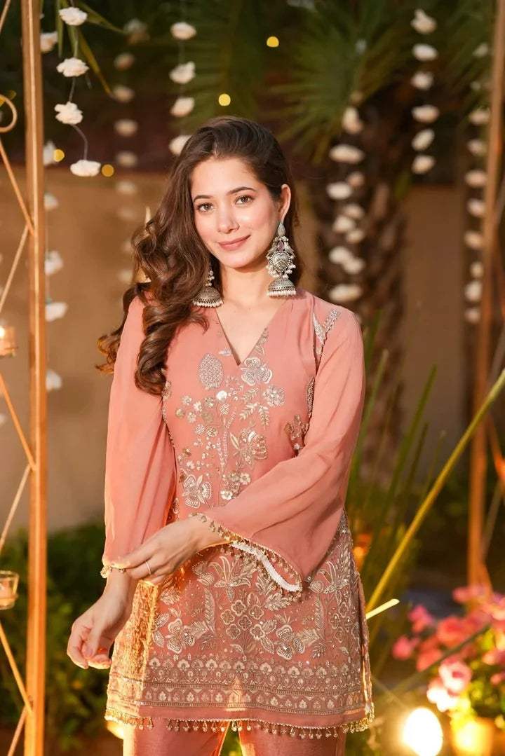 Peach Embroidered Silk Kurta Pant Set