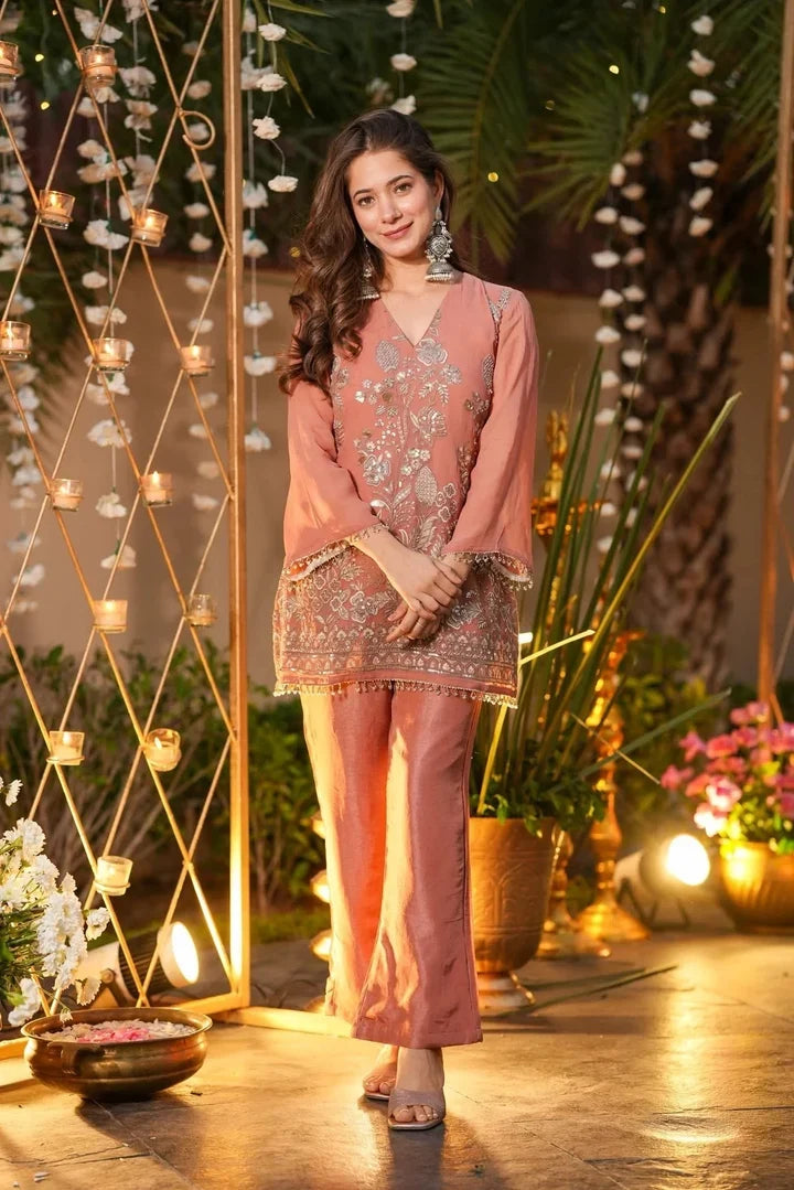 Peach Embroidered Silk Kurta Pant Set