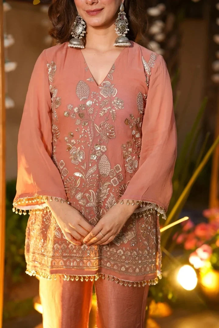 Peach Embroidered Silk Kurta Pant Set