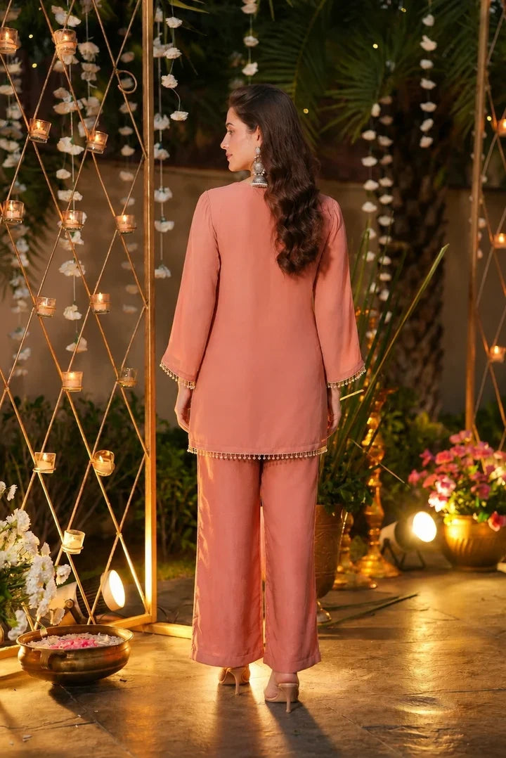 Peach Embroidered Silk Kurta Pant Set