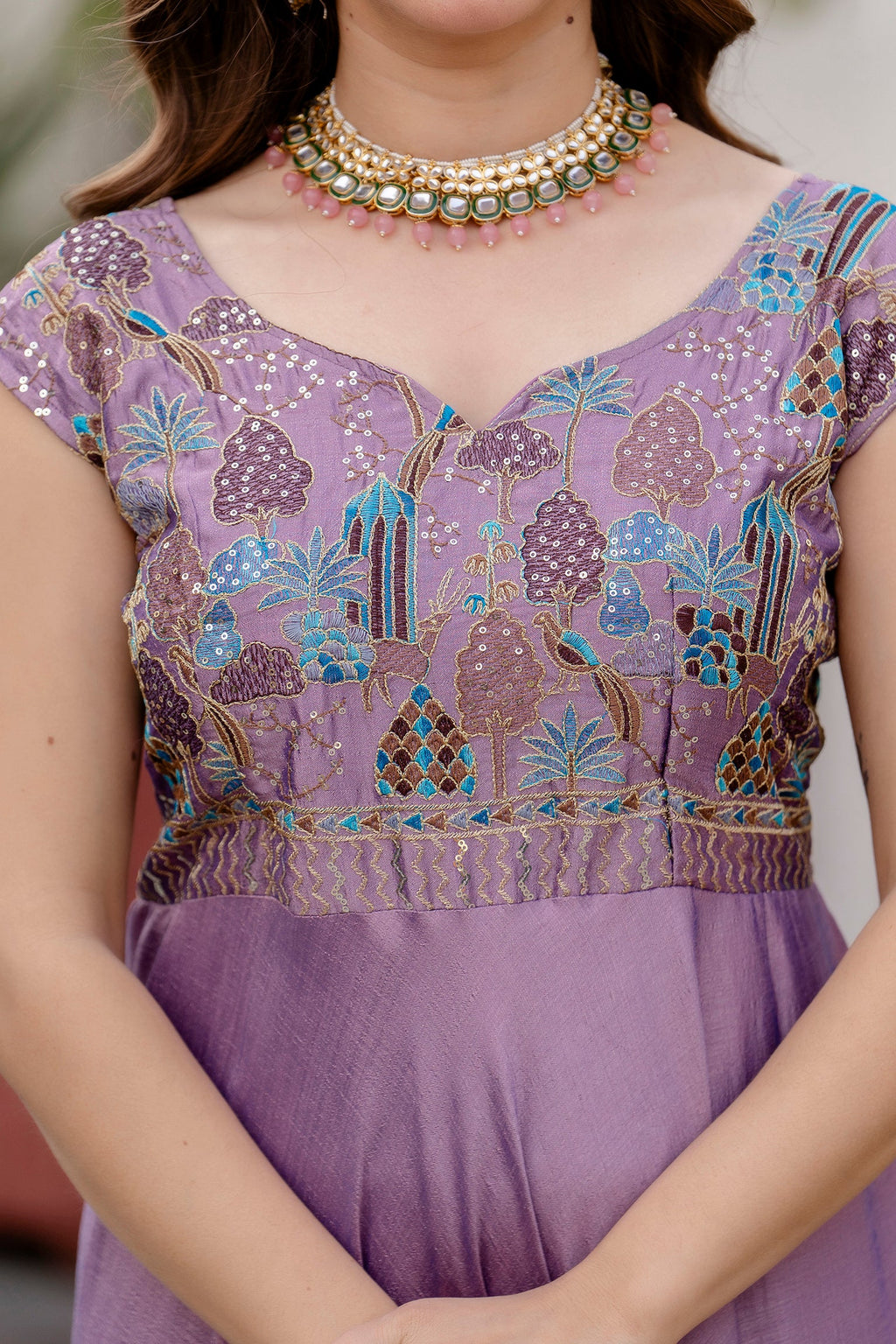 Lavender Vichitra Silk Embroidered Anarkali Gown Set