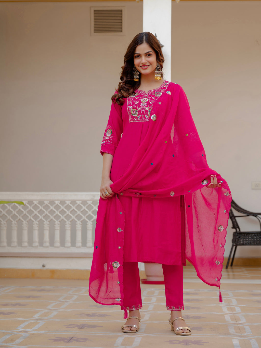 Pink Viscose Mango Silk Embroidered Kurti Set