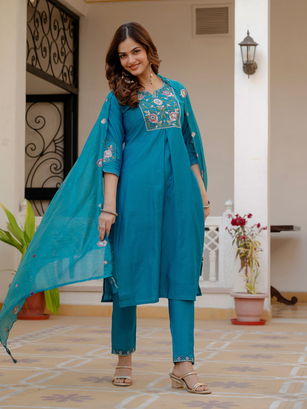 Firozi Viscose Mango Silk Embroidered Kurti Set
