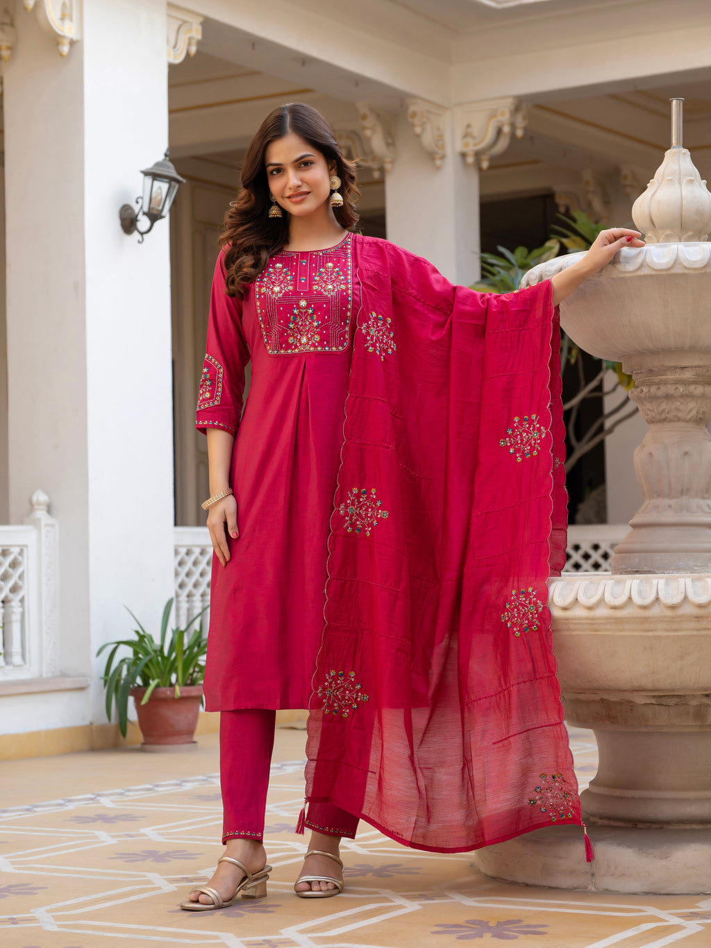 Pink Viscose Mango Silk Embroidered Kurti Set