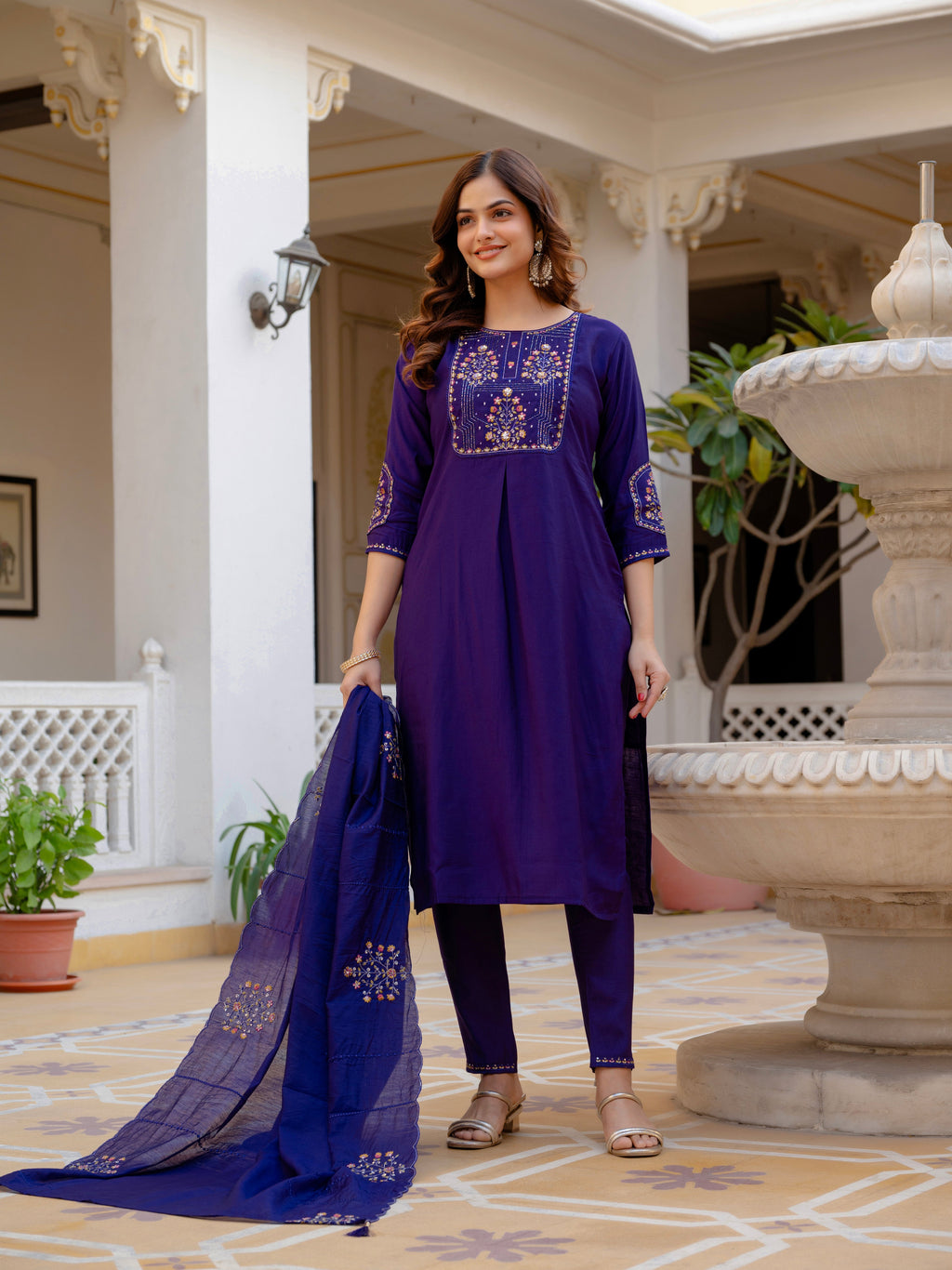 Violet Viscose Mango Silk Embroidered Kurti Set