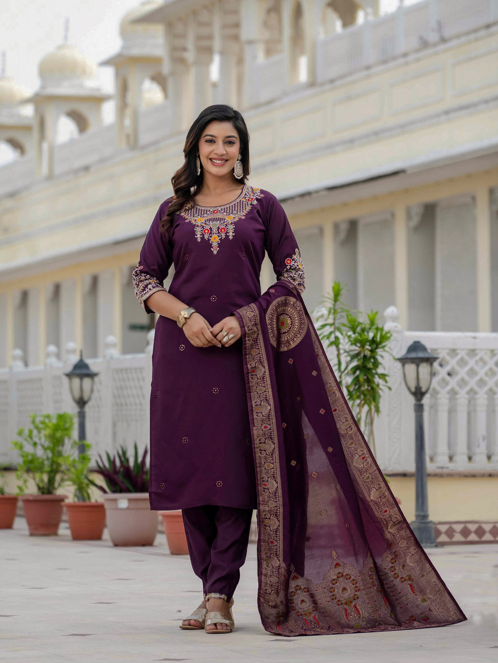 Elegant Wine Premium Roman Silk Suit Set