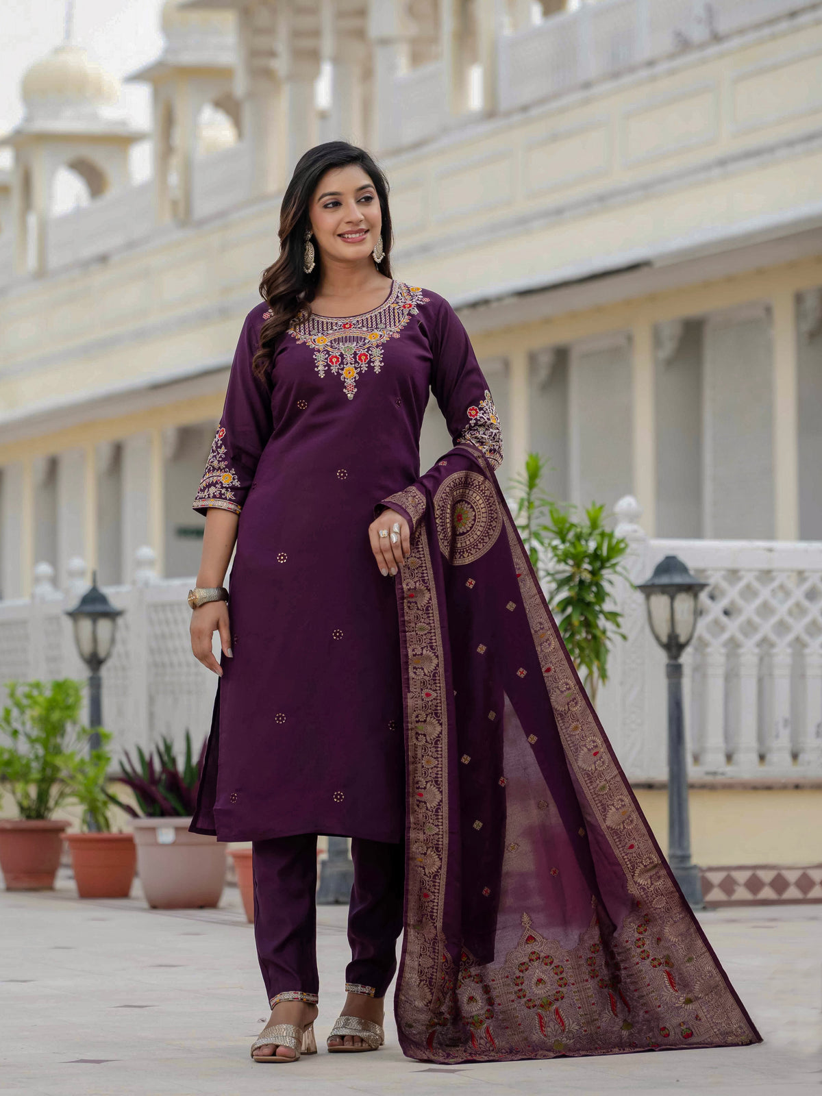 Elegant Wine Premium Roman Silk Suit Set