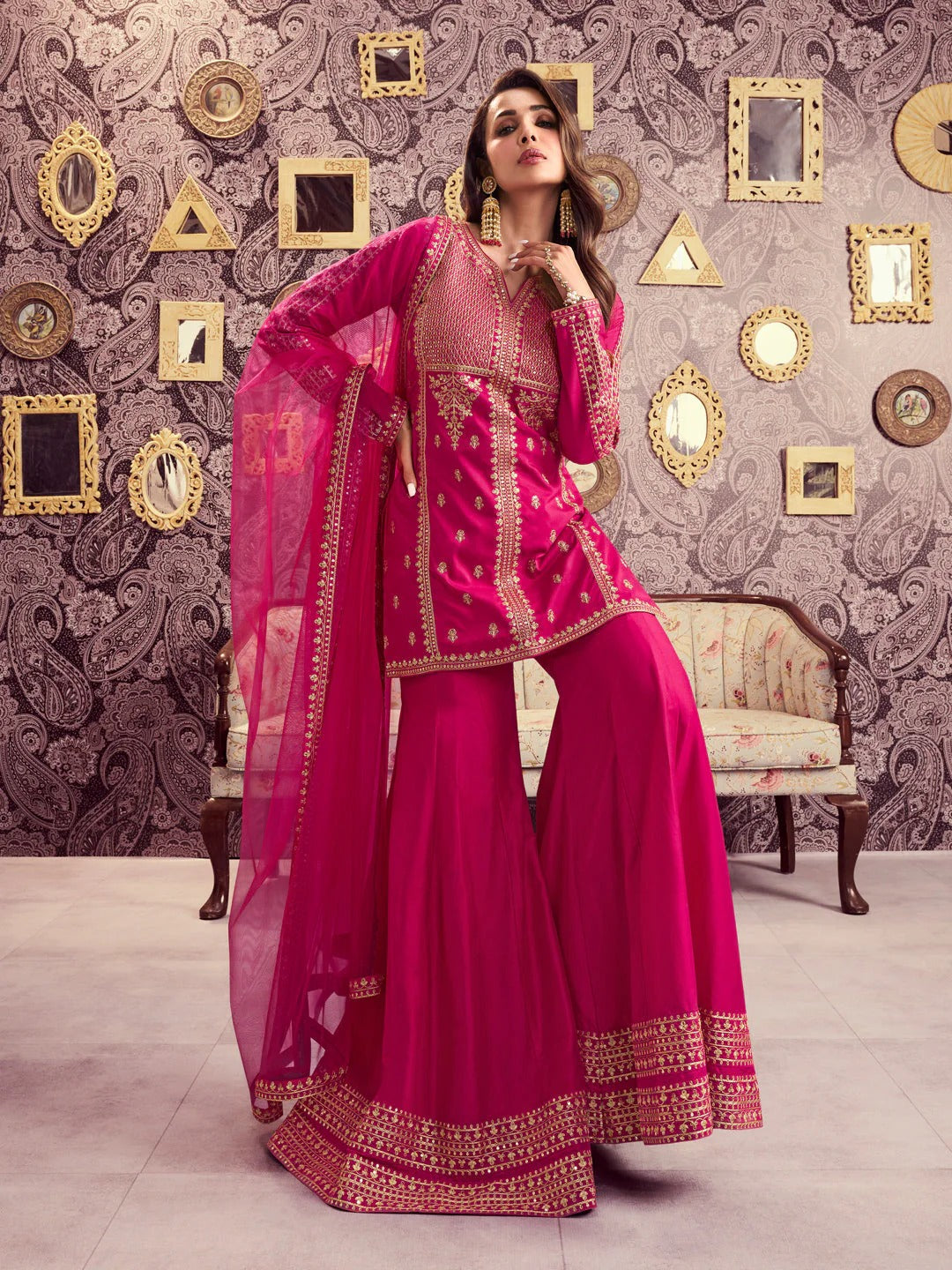 Pink Embroidered Chanderi Silk Sharara set Set