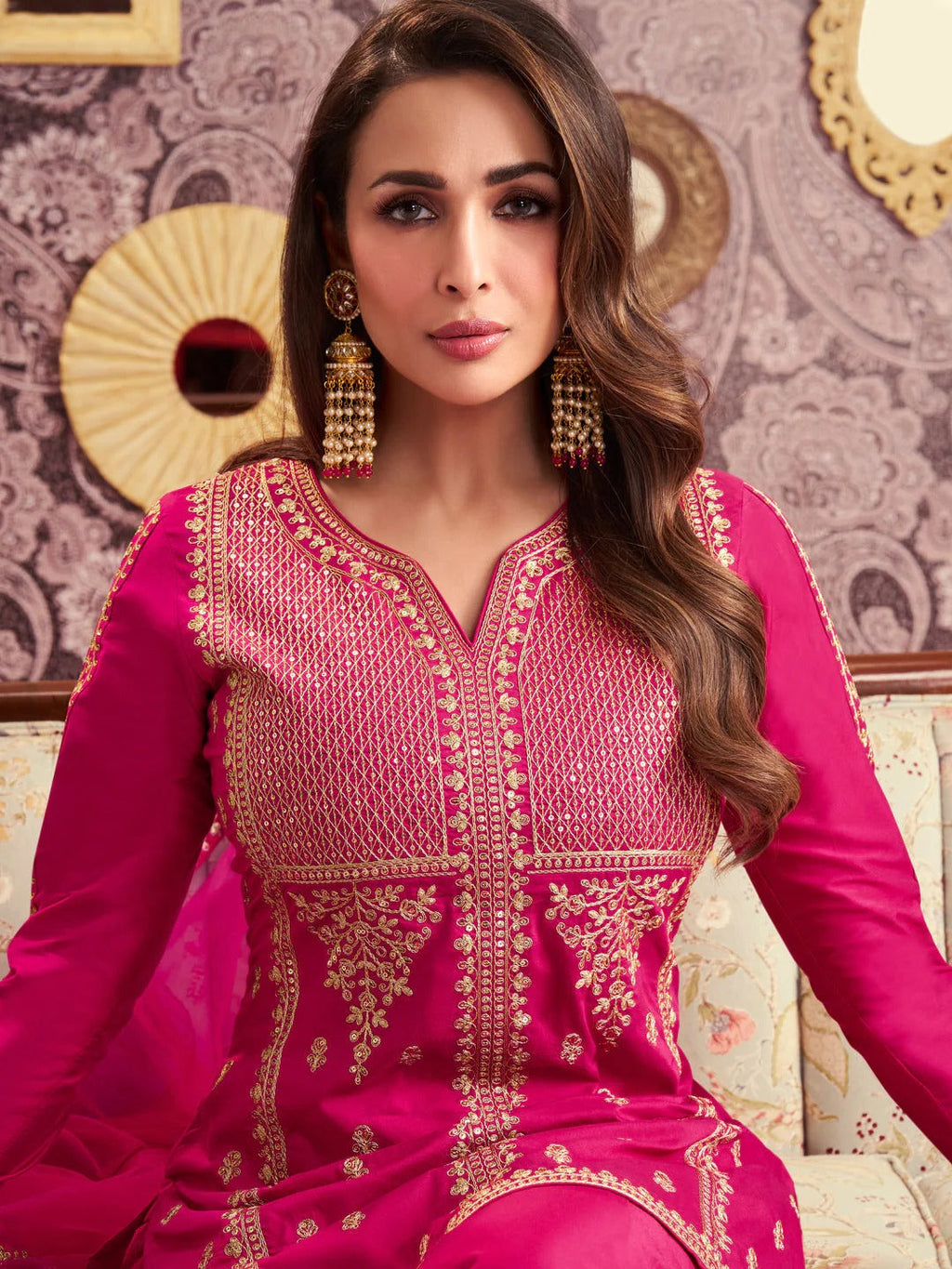 Pink Embroidered Chanderi Silk Sharara set Set