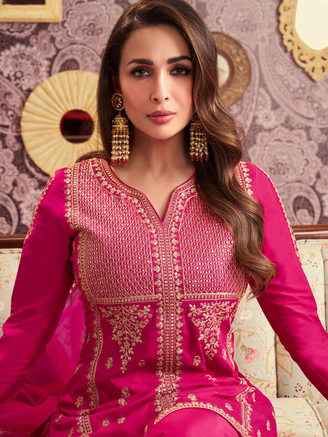 Pink Embroidered Chanderi Silk Sharara set Set