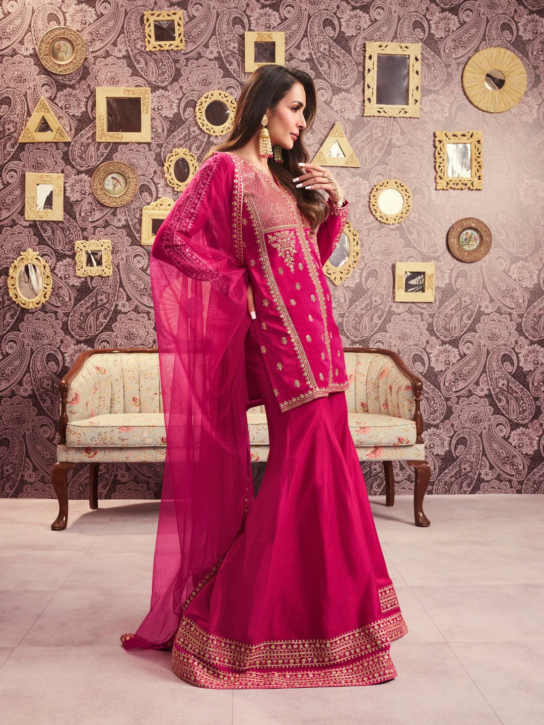 Pink Embroidered Chanderi Silk Sharara set Set