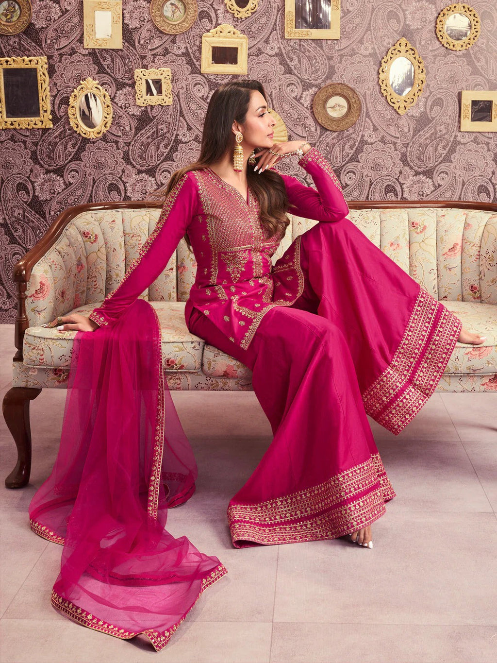 Pink Embroidered Chanderi Silk Sharara set Set