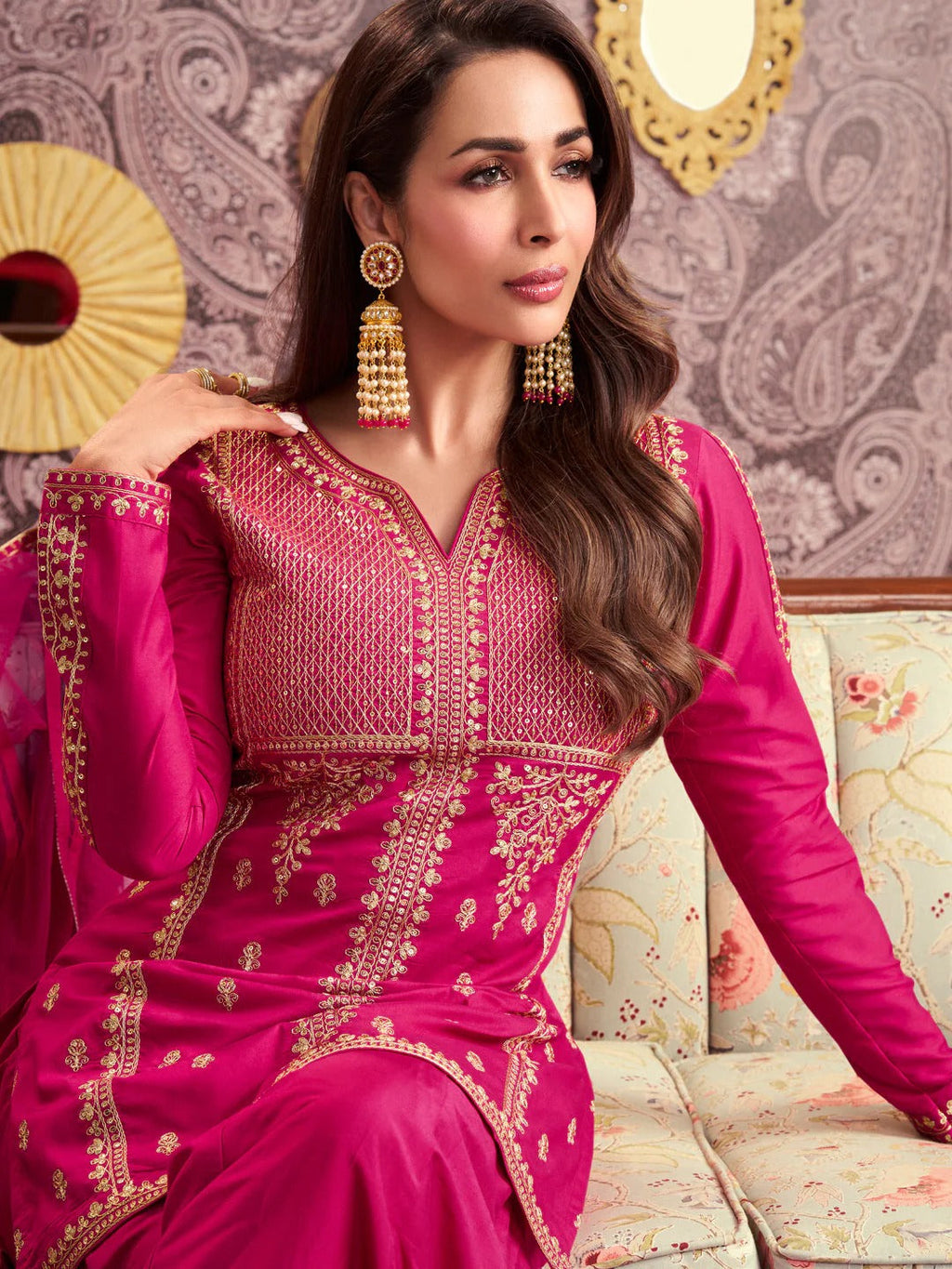 Pink Embroidered Chanderi Silk Sharara set Set