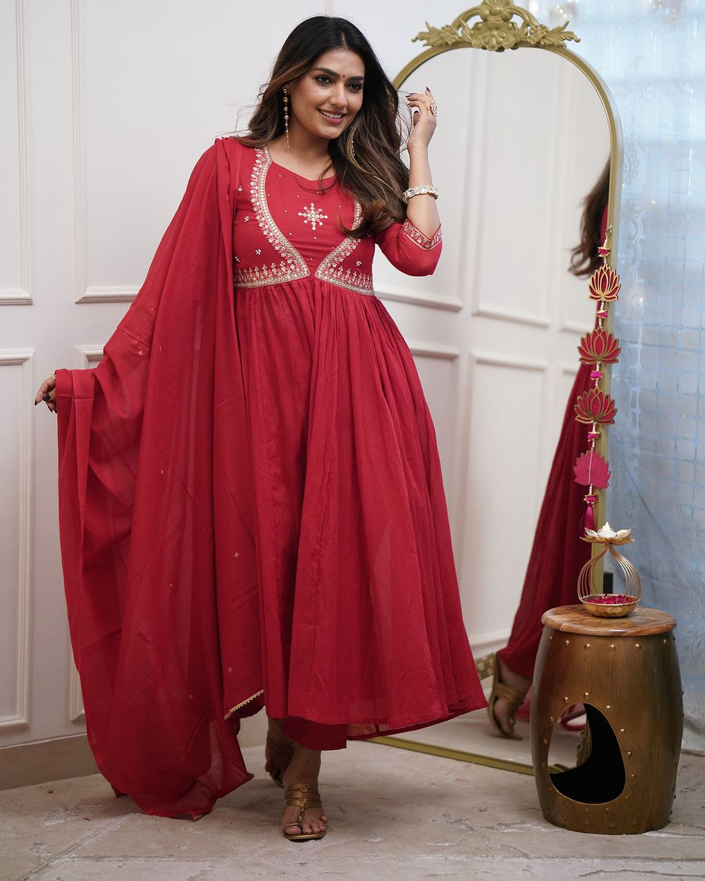 Pure Muslin Cotton Embroidery Suit Set with Chanderi Dupatta
