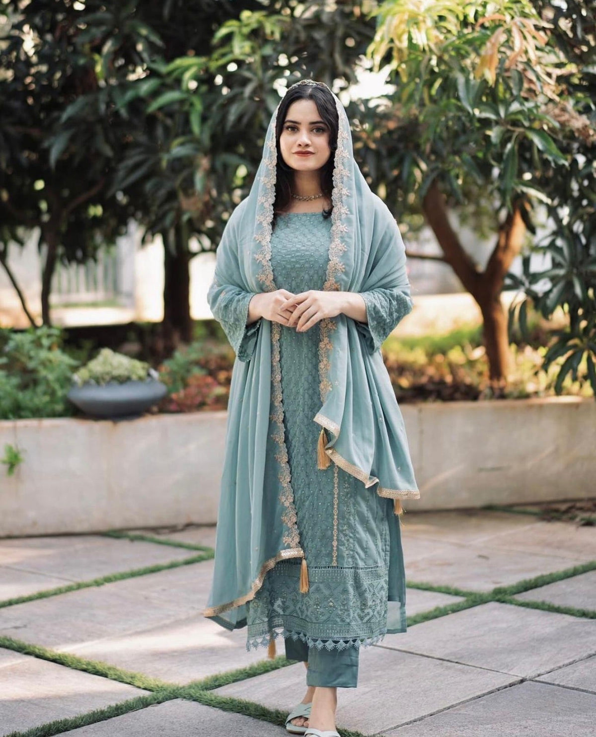 Sky Blue Embroidered Kurta Set with Silk Bottom & Georgette Dupatta