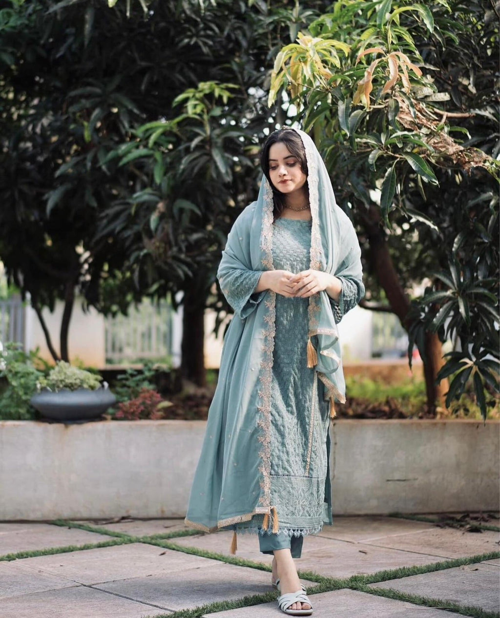 Sky Blue Embroidered Kurta Set with Silk Bottom & Georgette Dupatta