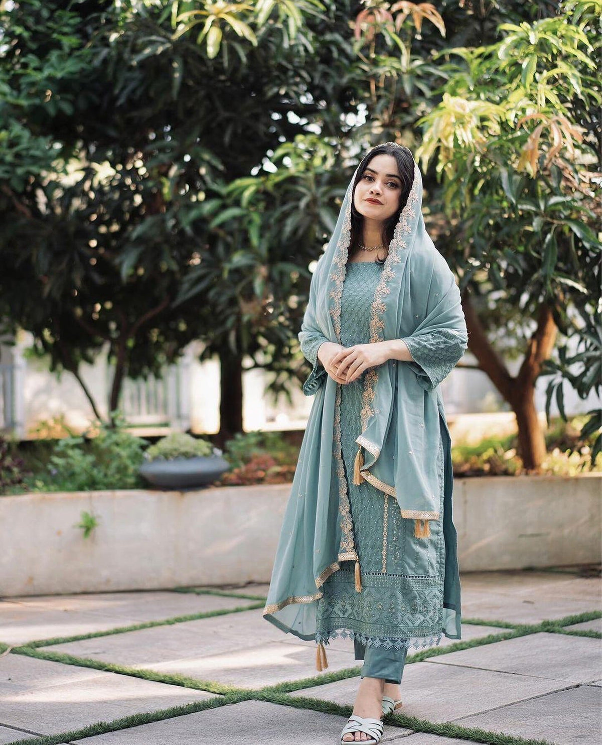 Sky Blue Embroidered Kurta Set with Silk Bottom & Georgette Dupatta