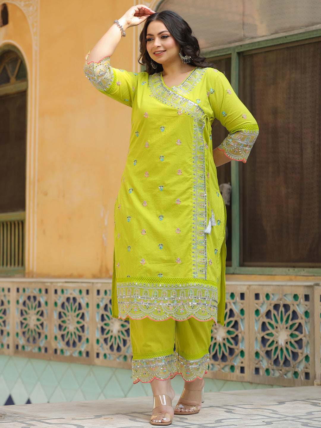 Lemon Yellow Glow Chanderi Straight  Set