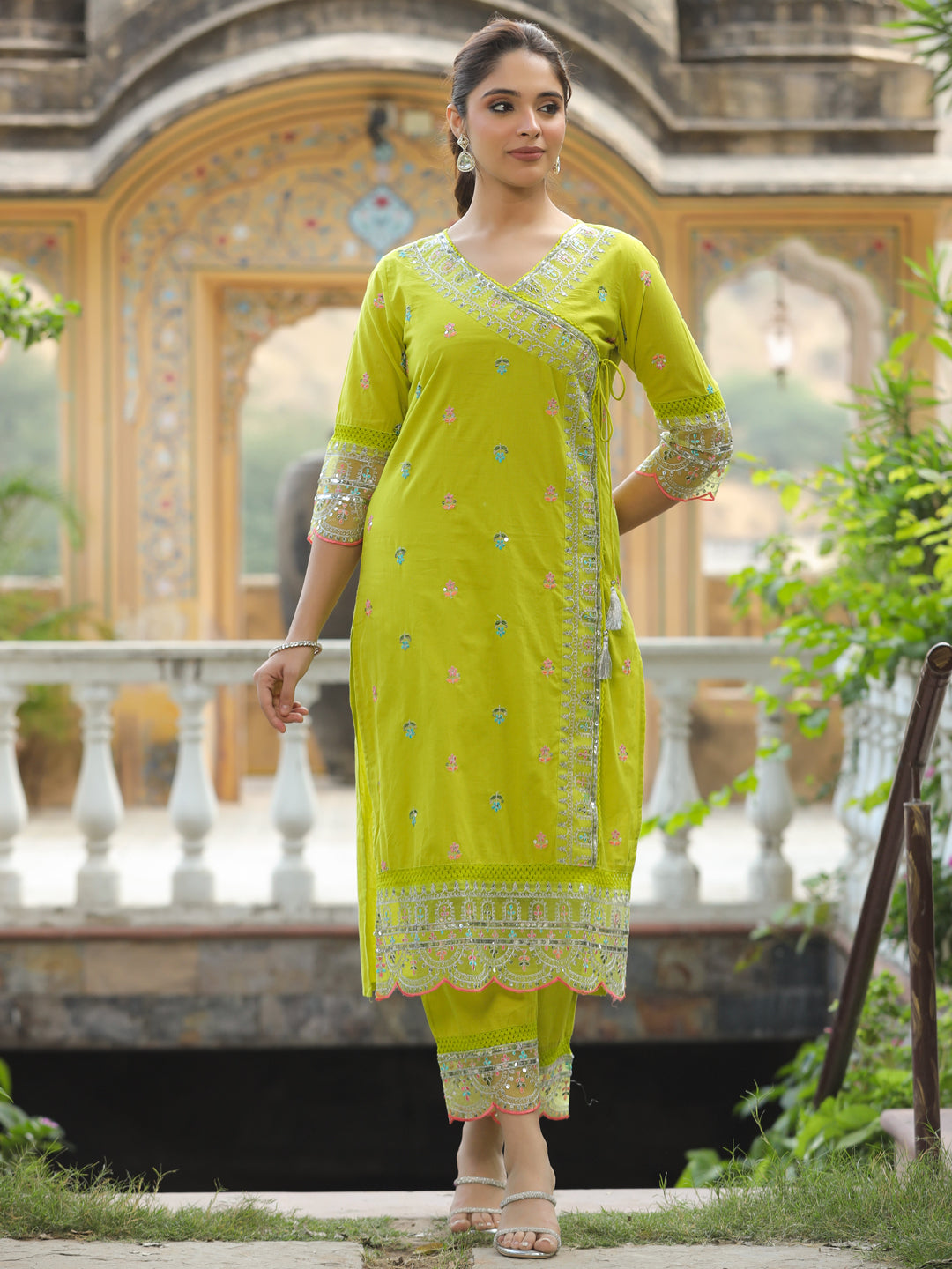 Lemon Yellow Glow Chanderi Straight  Set