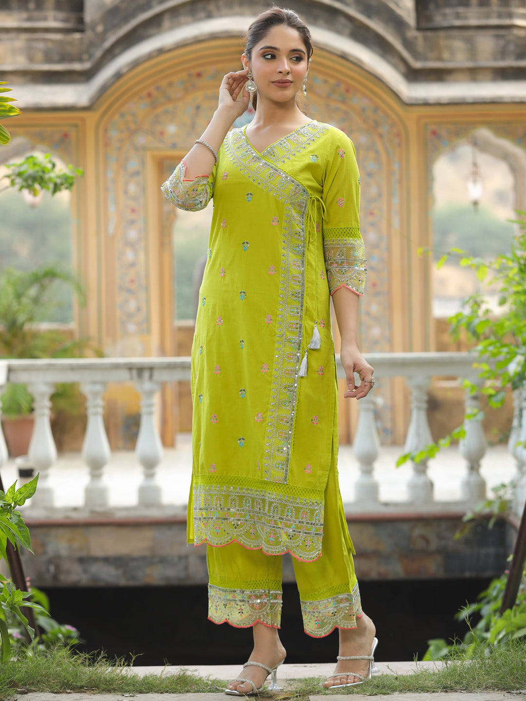 Lemon Yellow Glow Chanderi Straight  Set